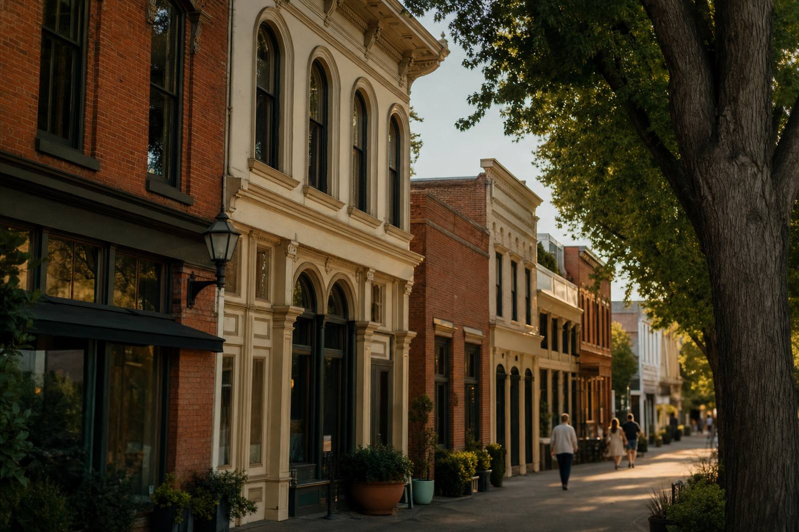 Historic storefronts on a tree-lined street in downtown Napa at golden hour